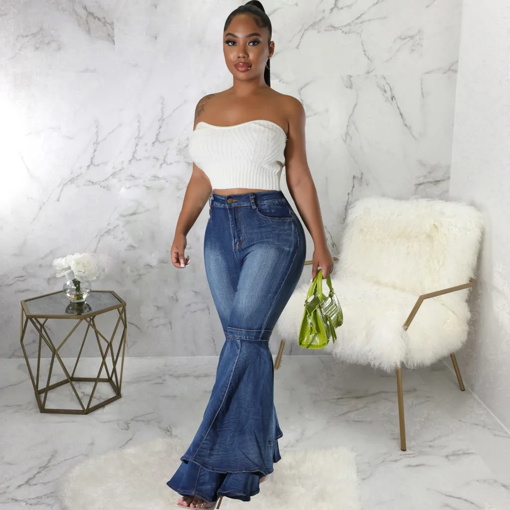 Jeans svasati Vintage da donna Jeans Casual in Denim elasticizzato a vita alta Solid Bodycon Work pantaloni lunghi a campana Fashion High Streetwear