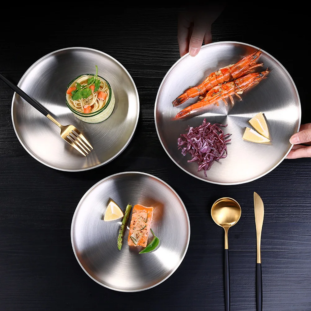 

304 Stainless Steel Round Plate 21Cm Double Wall Shallow Dish Wire Drawing Finish Non Slip Base For Food Fruit Serving