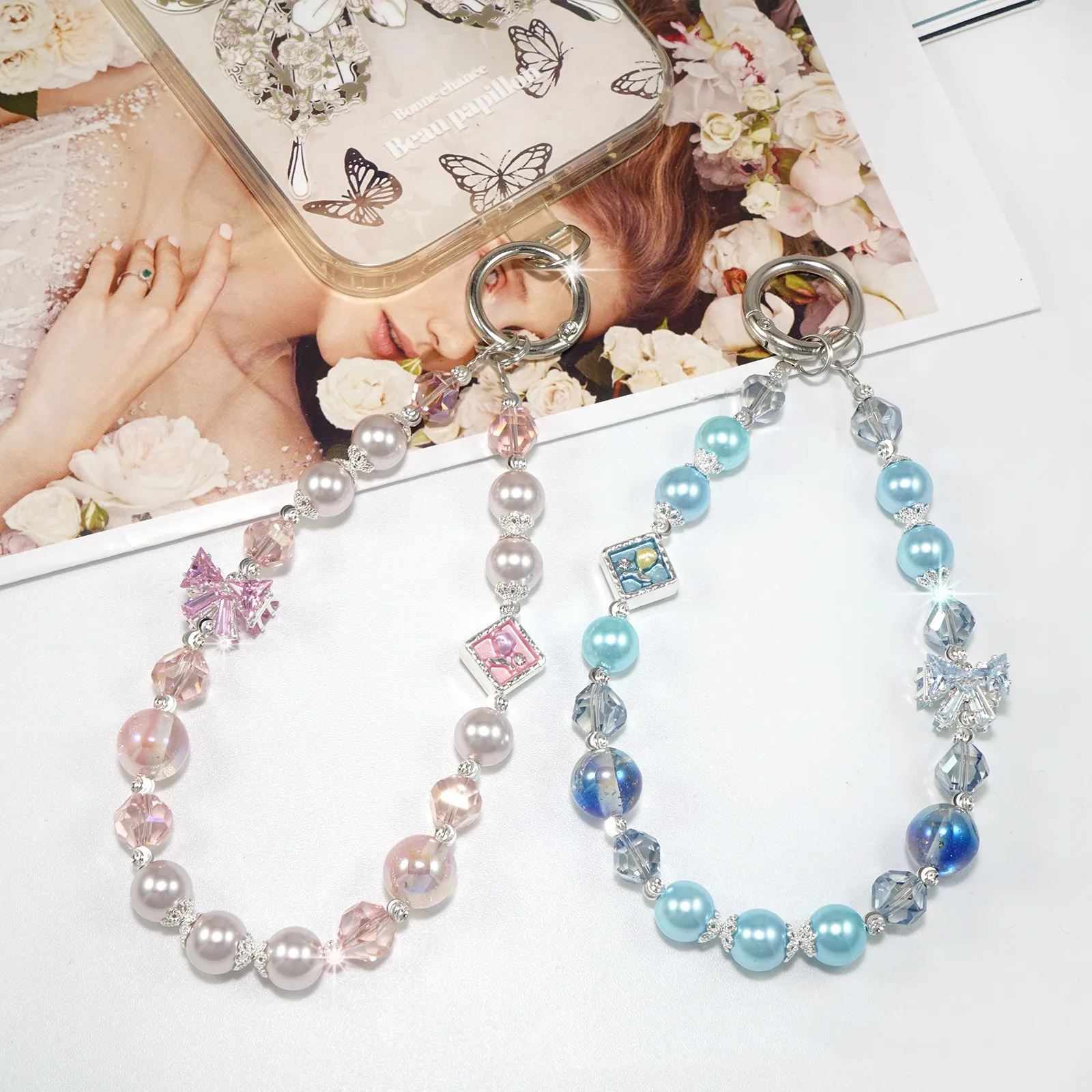 

Короткий ремешок для мобильного телефона с бантом и кристаллами, цепочка для телефона, брелок ручной работы из бисера, ремешок для девочек, ремешок для путешествий на открытом воздухе, против потери