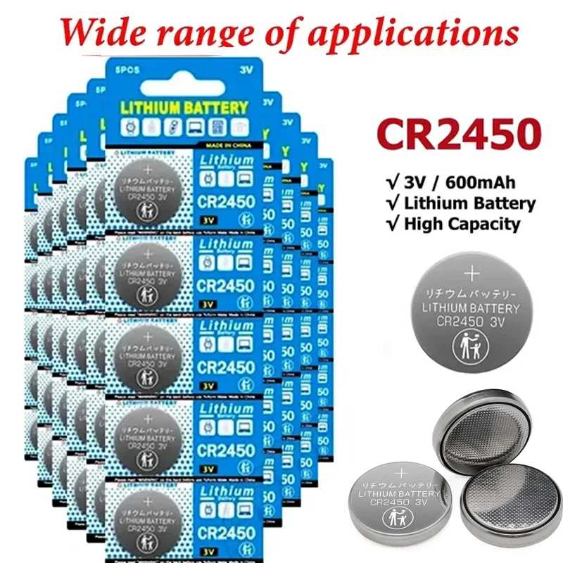 5-100Pack CR2450 3V 580mAh Lithium Battery DL2450 BR2450 KCR2450 LM2450 for Car Key Remote Control Watch Coin Cells