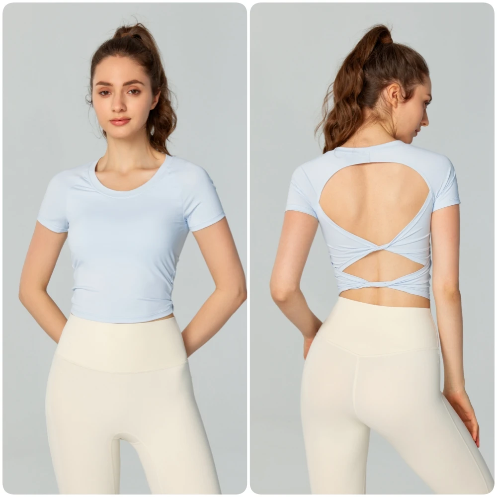 Women Semi Fixed Chest Pad Yoga Gym Suit Slim Fit Beautiful Back Fitness T-shirt Short Sleeved Casual Sports Quick Drying Top