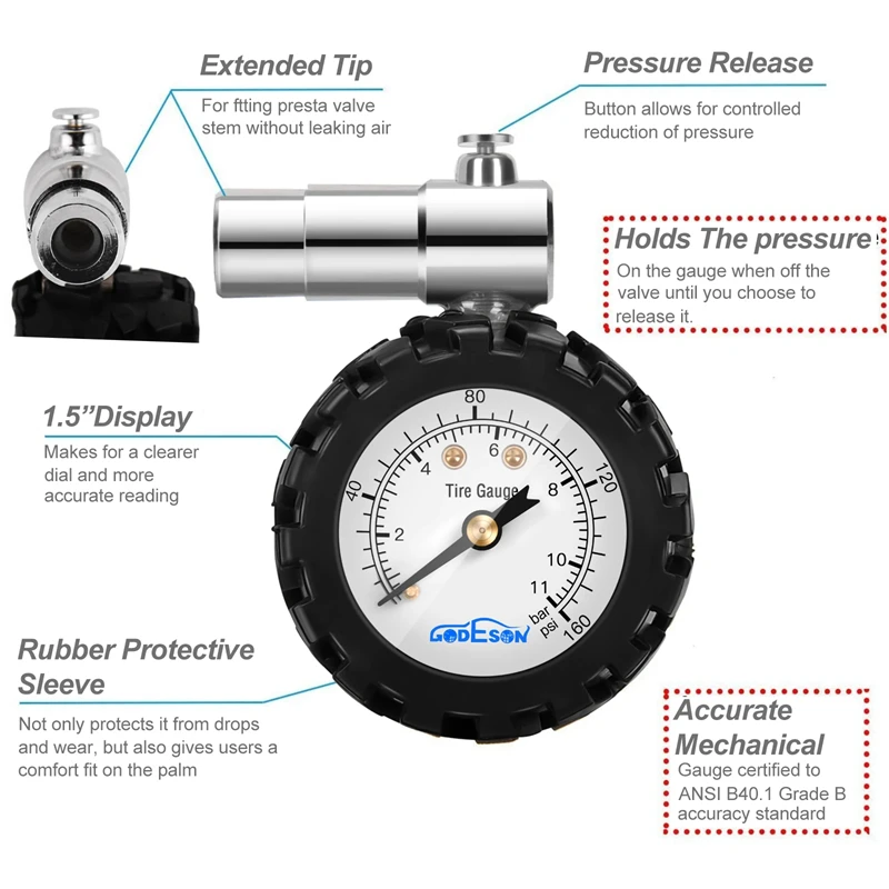 Miernik ciśnienia w oponach rowerowych 160PSI wskaźnik mechaniczny miernik ciśnienia w oponach do rowerów wyścigowych górskich rower Mtb narzędzia