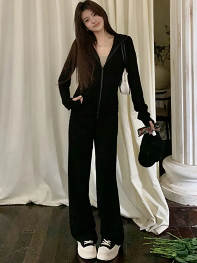 

Korean Casual Chic Y2K Two Piece Set Women Hooded Jacket Drawstring Wide Leg Long Pants Tracksuit Outfits High Street Suit Sets