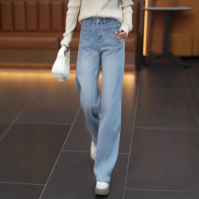 Pantalones vaqueros de color claro para mujer, pantalones estrechos de pierna ancha para primavera y otoño, pantalones largos informales holgados y adelgazantes a la moda