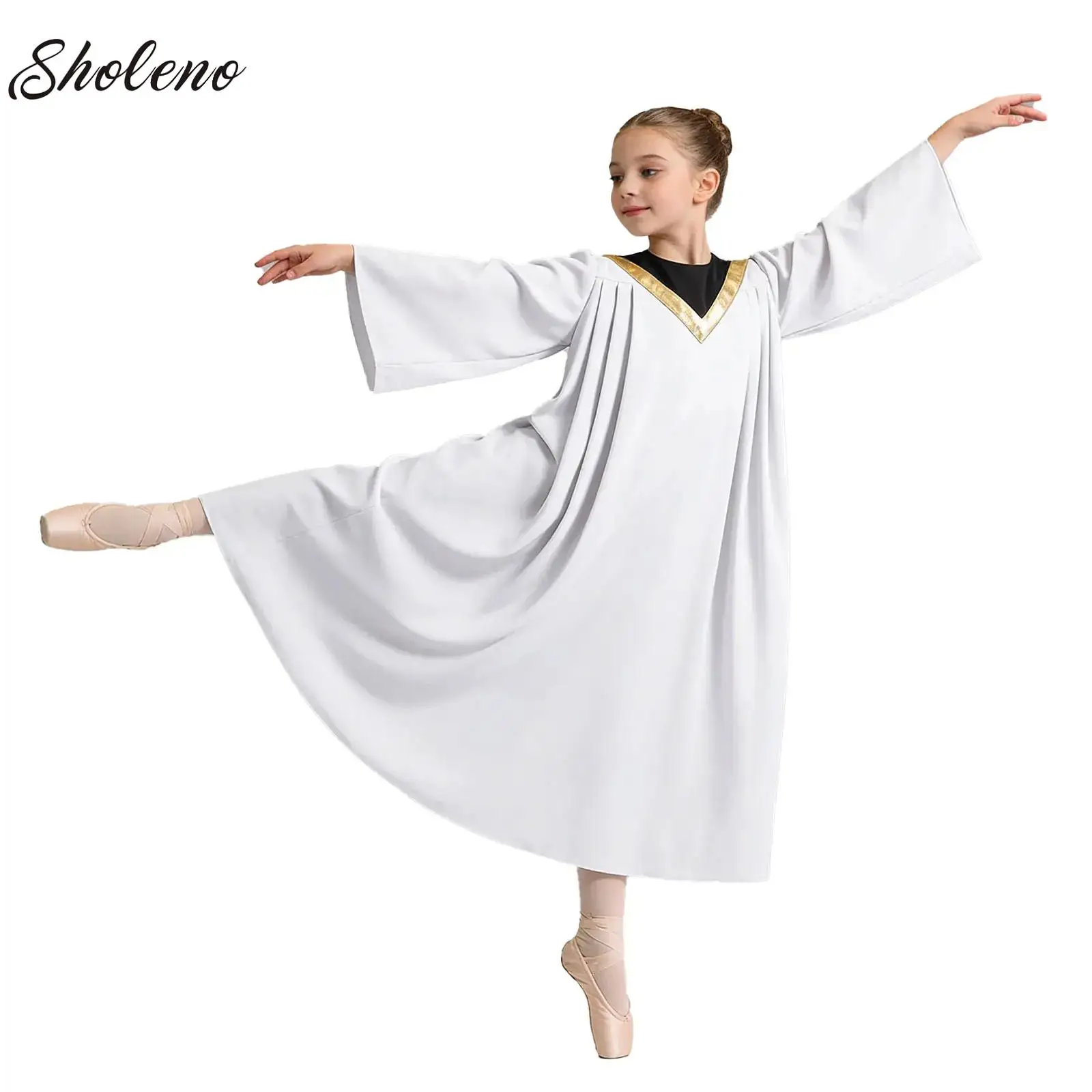 

Halloween Party Pastor Priest Cosplay Costume Children Boys Girls Church Choir Robe Long Flared Sleeves Metallic Loose Gown