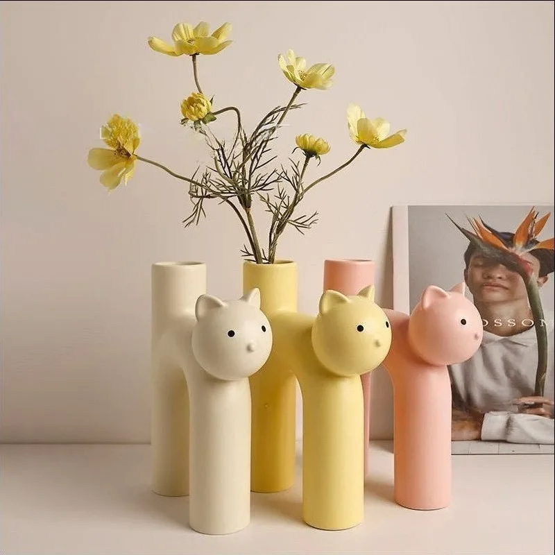 Creative Cat Shaped Vase Cute Flower Arrangement Hydroponics Accessories Desktop Craft Decoration Animal Flowerpot Home Ornament