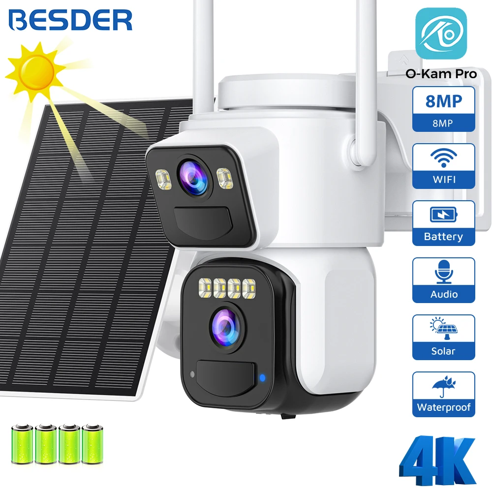 BESDER 8MP Solar Wifi Camera PTZ Built-in 7800mAh Battery Outdoor Human Detection Dual Screen CCTV Surveillance Camera O-Kam Pro