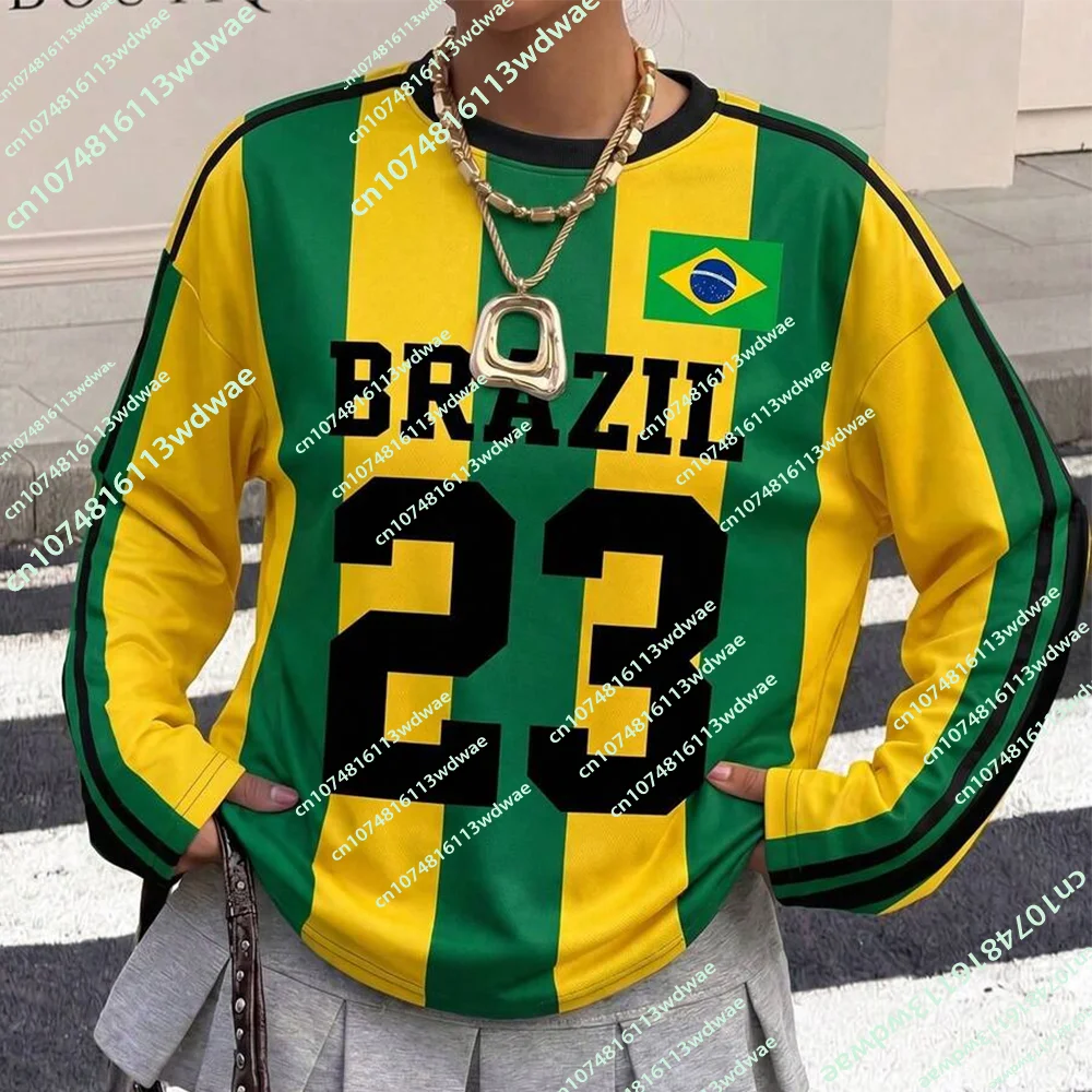 Brazil Football Team Women's Long Sleeve T-Shirt Striped Printing Vintage Athleisure Girl Streetwear School Starts Autumn Gift
