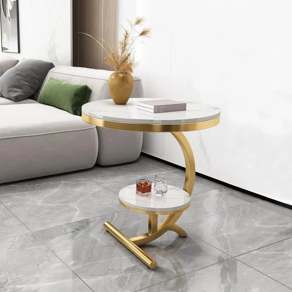 

Round End Table with Storage, White & Gold Accent for Living Room, Bedroom, or Small Spaces