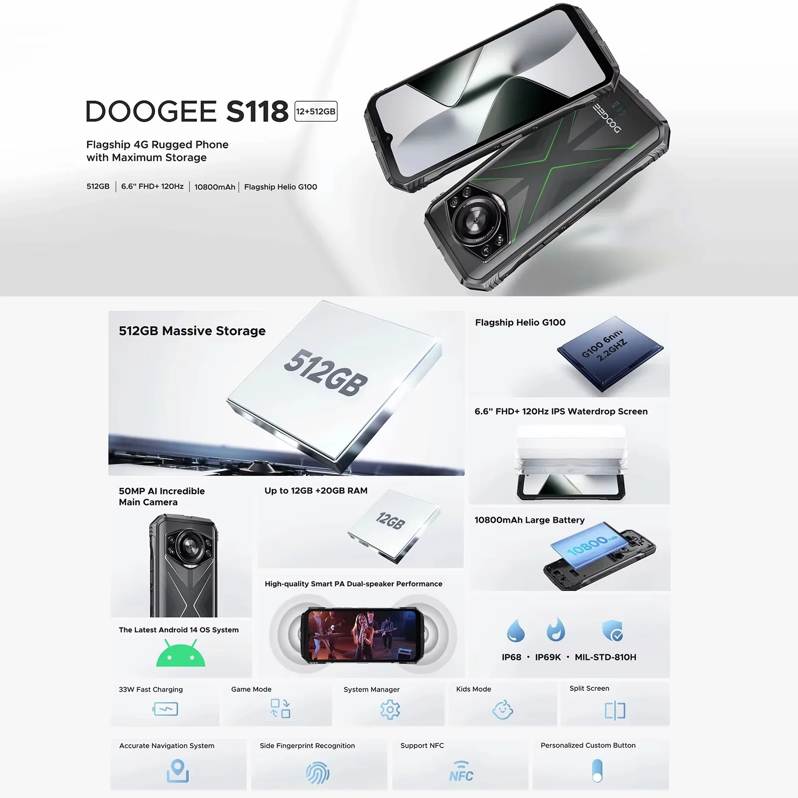 Прочный смартфон DOOGEE S118, 12 ГБ + 512 ГБ, 50-мегапиксельная камера, 6,58 дюйма, Android 14 MTk Helio G9, аккумулятор 10800 мАч, 33 Вт, 4G, NFC, мобильный телефон