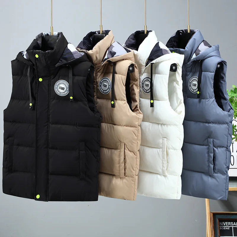 

Autumn Winter Men Hooded Vests Thicken Warm Cotton Waistcoat Sleeveless Jackets Solid Color Coats Male Casual Zipper Outerwear