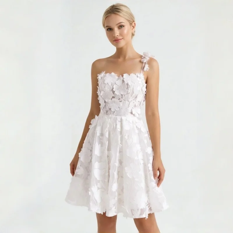 One Shoulder 3D Floral Tulle Mini Wedding Dress Sheer Mesh Back High Waist A-Line Skirt Evening Gowns Customizable