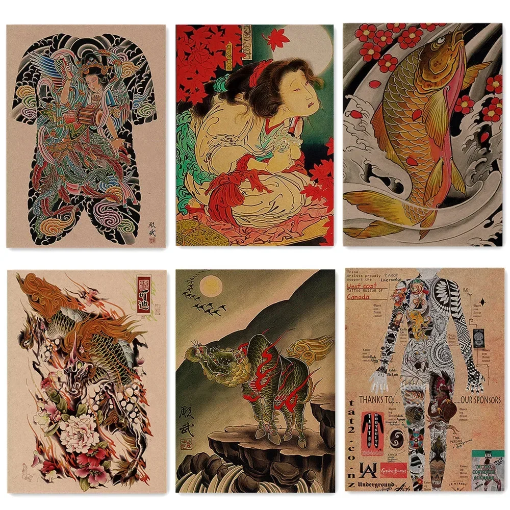 Retro Body Tattoo Art Poster Ukiyo-e Art Works Wallpaper Vintage Matte Kraft Paper Print Painting Wall Sticker Home Decoration 1