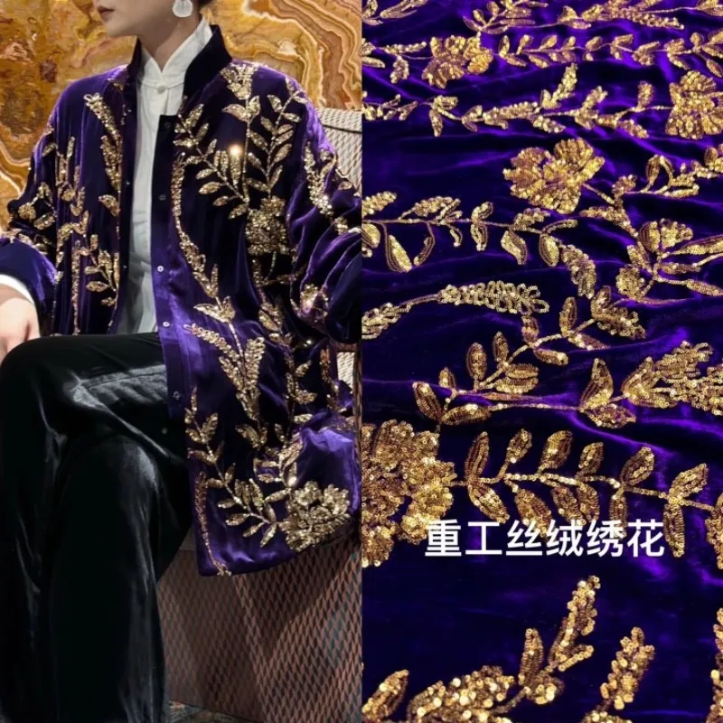 Blue background gold sequin silk velvet heavy embroidery fabric autumn and winter silkworm coat