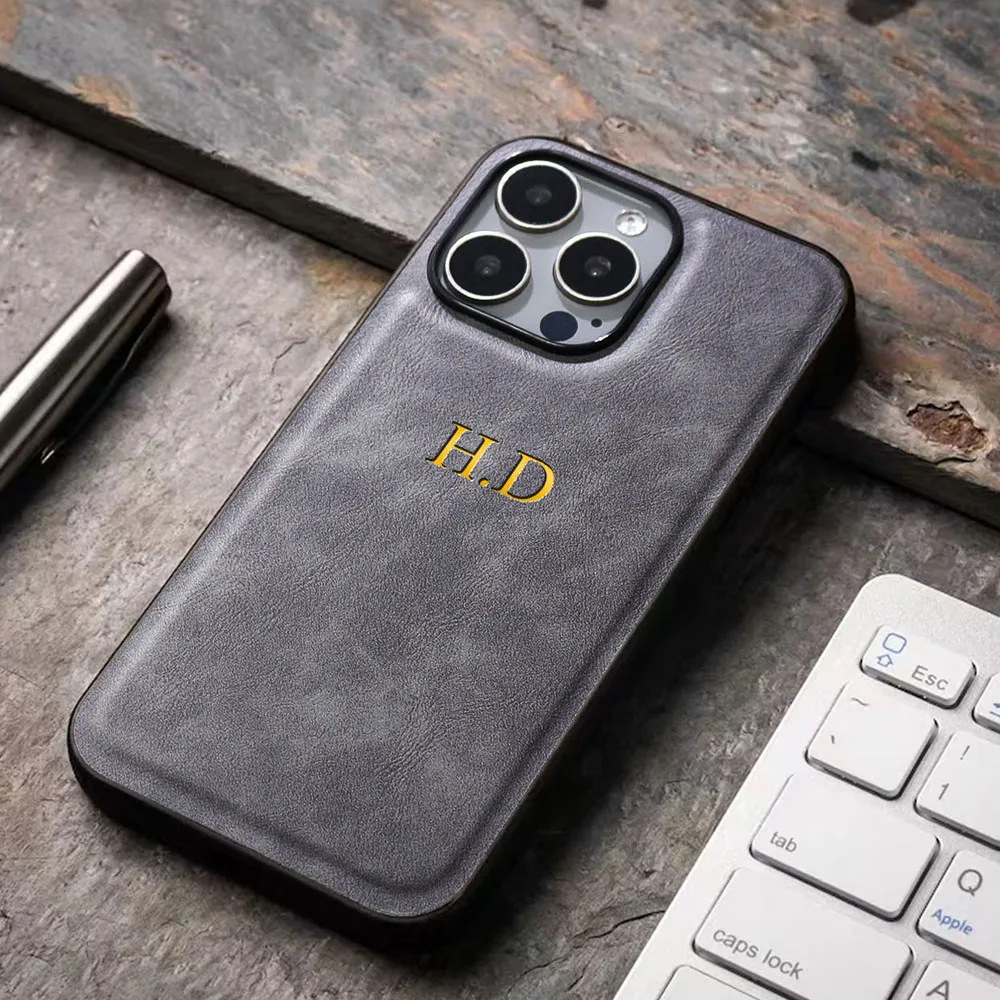 Personalized Customized Initials Name Case For iPhone 16 15 14 13 12 11 Pro Max Plus Luxury Leather DIY 3D Engraved Cover