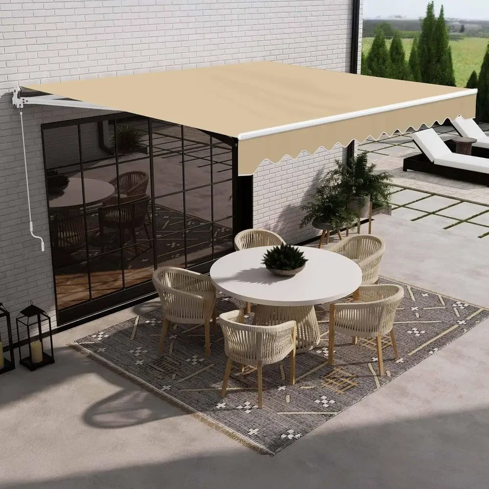 12x10 Retractable Patio Awning with Crank Handle, UV Sun Shade, Sand Beige