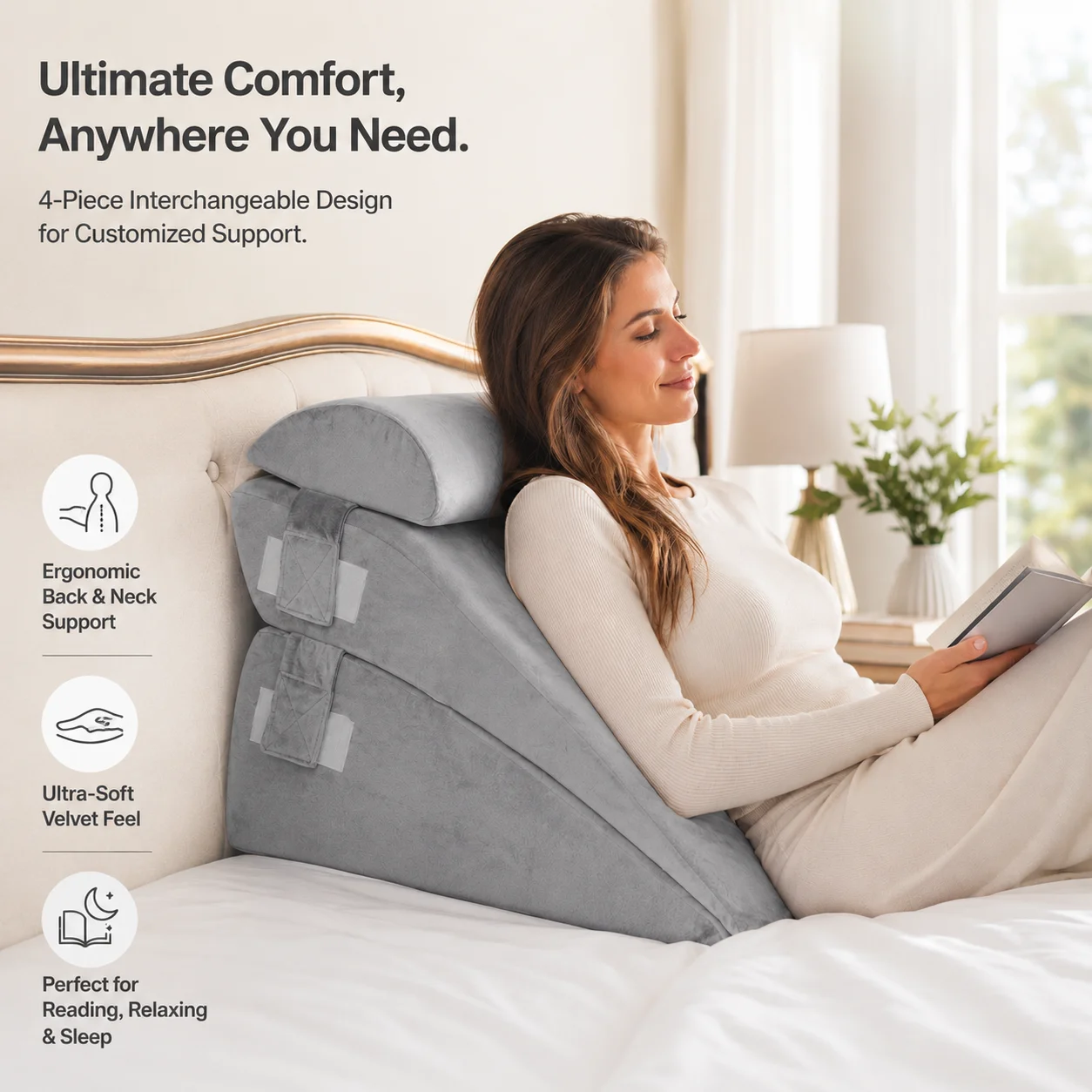 Adjustable 4Pcs Memory Foam Wedge Pillow for Acid Reflux Snoring Post Surgery Neck Back Leg Elevation Reading Bed Rest Pillow