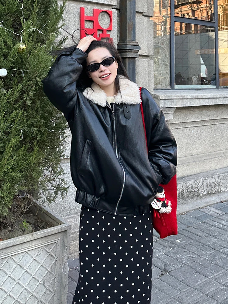 

Gold Su Lamb Fur Collar Spliced Leather down Jaet Loose Winter Korean Sle 90 White Du down Coat Outerwear Trendy