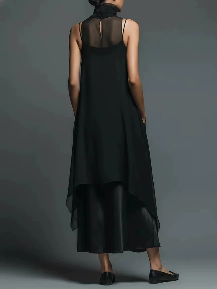 

Black Sleeveless Loose Summer Two Piece Set New 2026 Elegant Office Suits Sexy Lady Turtleneck Top and Sling Dress Party Outfit