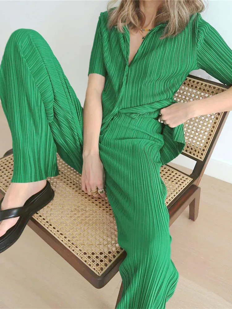 Summer Short Sleeve Shirts 2 Pieces Set Women Sexy Green Pleated Trousers Suits Female Casual High Waist Wide Up Pants Sets