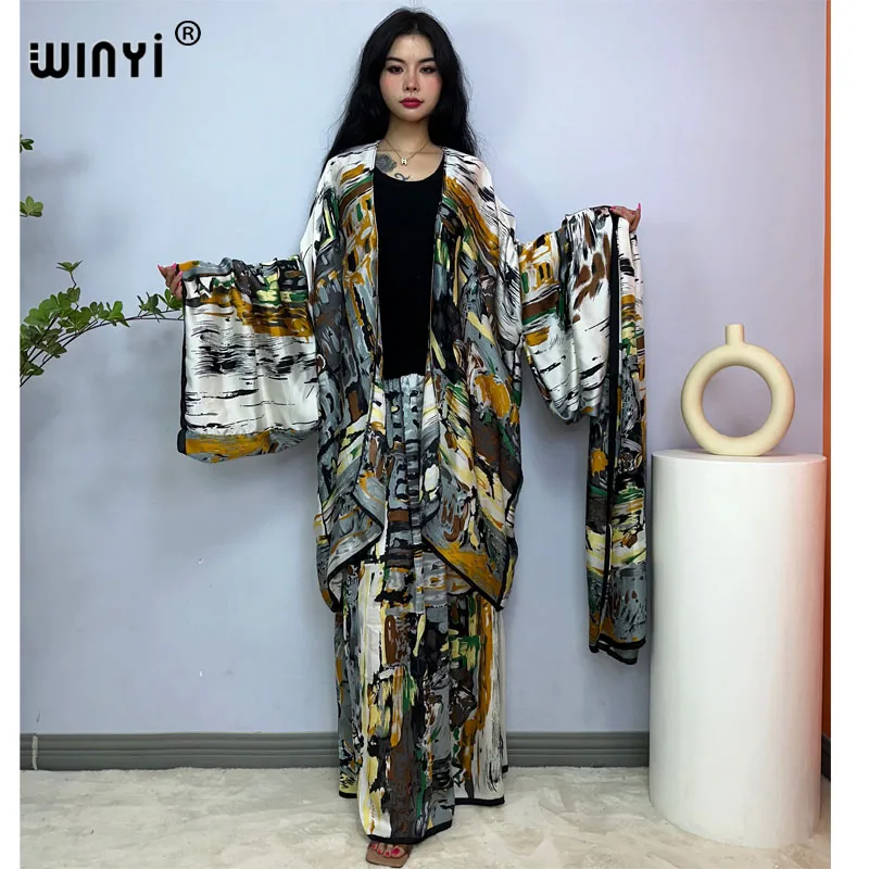 WINYI-Vestido floral midi feminino, moda quimono, estampa em totem, selo da cintura, manga comprida, casual fino, vintage, 2023