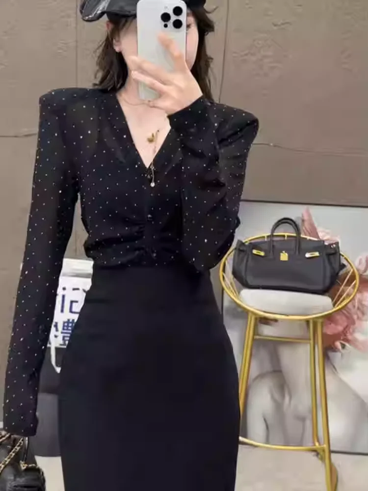 

Elegant V-Neck Black Lace Thin Sun Protection Shirt Women's Summer New Pure Desire Long Sleeve Top French Style Casual Shirt
