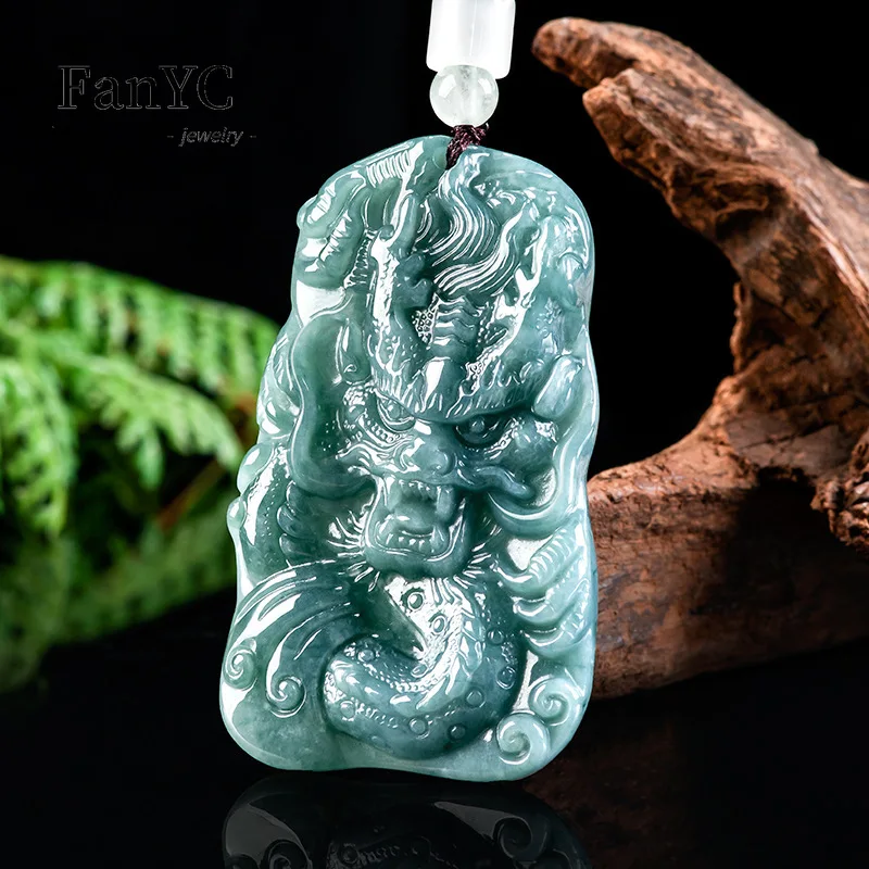 

Myanmar Jadeite Blue Water Domineering Zodiac Dragon Pendant Hand-carved Exquisite Atmosphere Ice Jade Necklace Men & Women Gift