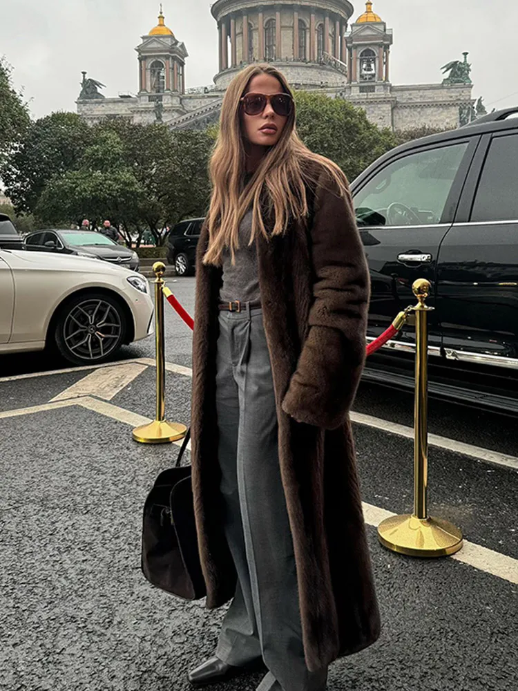 Women's Thick Brown Faux Fur Long Overcoat Fashion Fleece Warm Long Trench Coats Winter Fluffy Plush 2024 New Street Outerwear