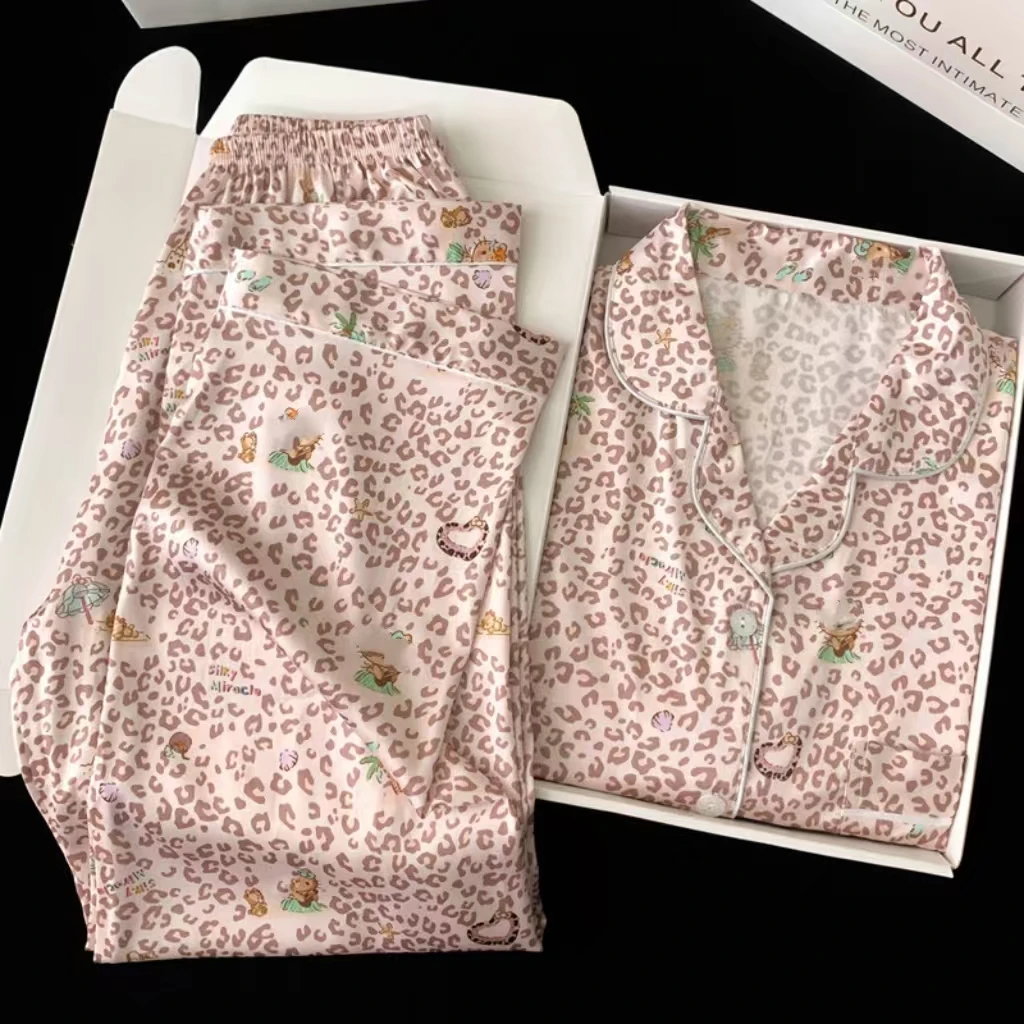 New Spring and Autumn Ladies Sexy Leopard Print Pajamas Homewear Set of Ice Silk Pajamas Women Long-Sleeved Long Pants Homewear