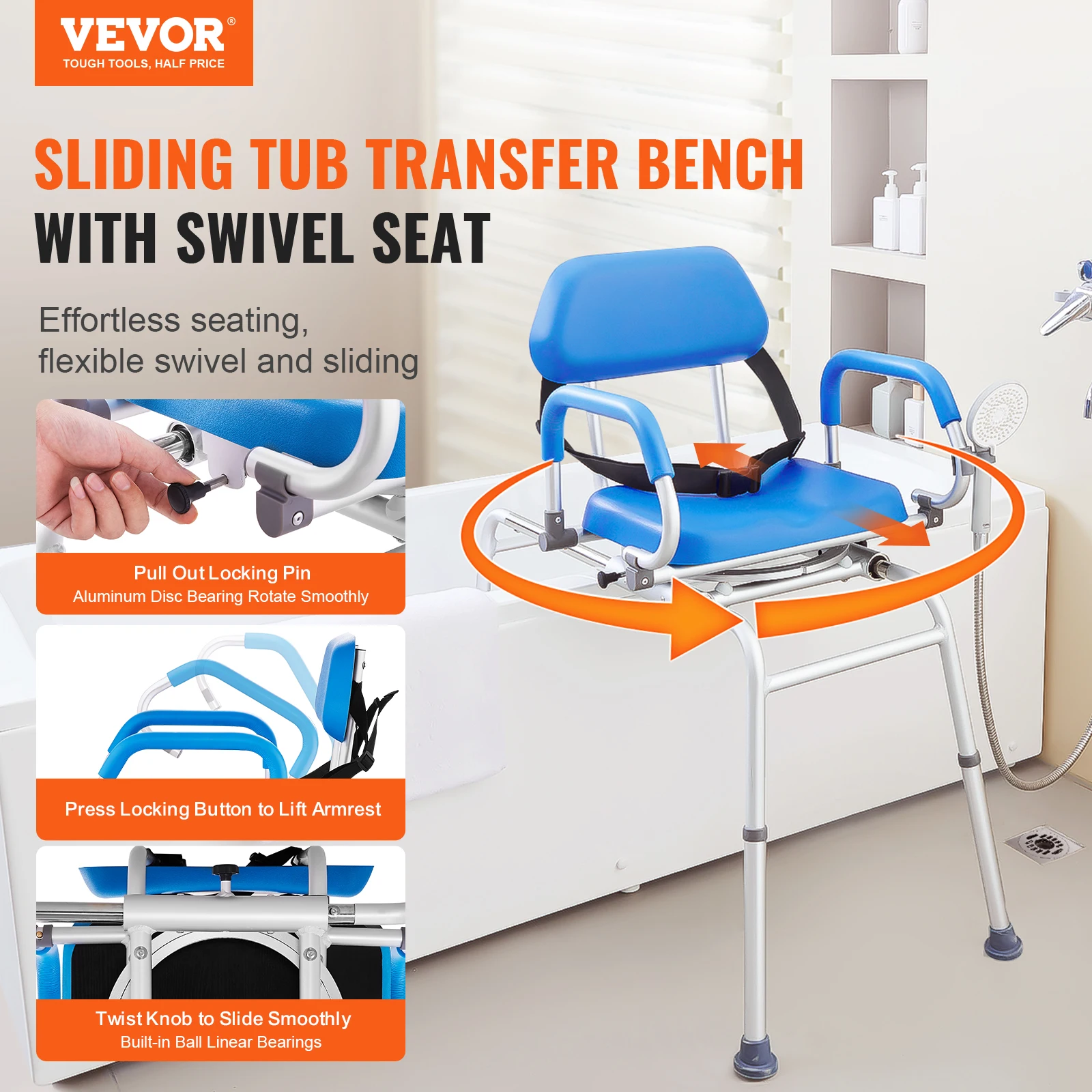 VEVOR Sliding Tub Transfer Bench with 360 Degree Swivel Seat Safety Belt Height Adjustable Bath Chair for Elderly Disabled 330LB