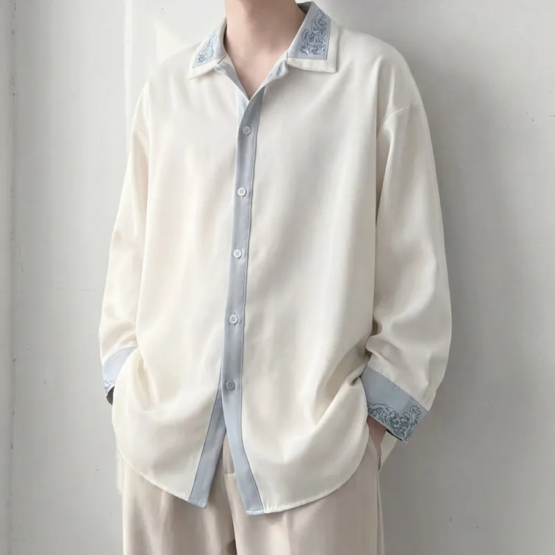 

Loose Long Sve Men's Casual irt Embroidered Collar Traditional Chinese Sle Hanfu Spring Faion Polyester Fiber