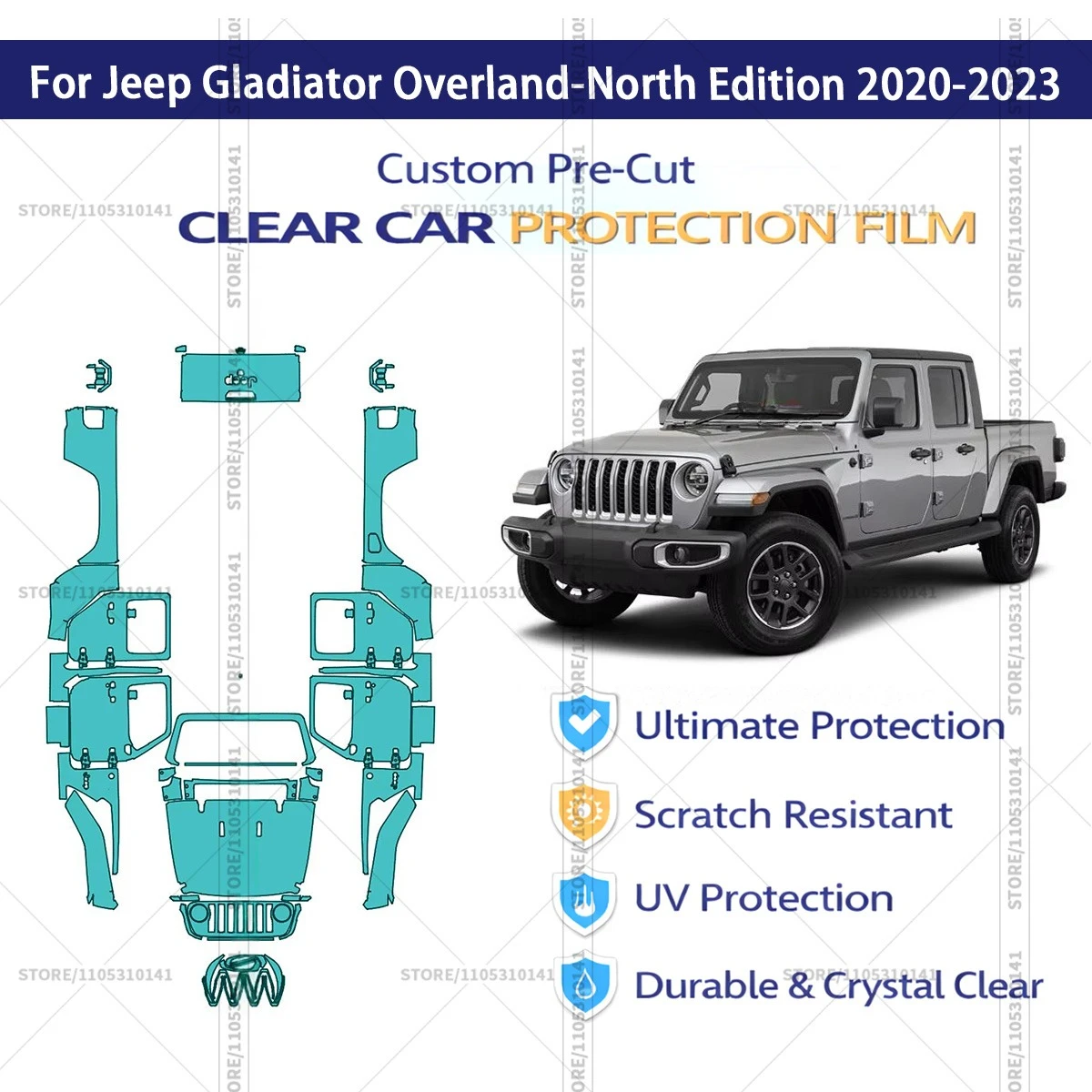 

Предварительно нарезанная защитная пленка PPF, прозрачная автомобильная пленка для Jeep Gladiator Overland-North Edition 2020-2023