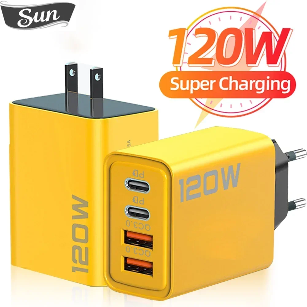 Total 120W 4 Ports USB C Charger Fast Charging Mobile Phone Charger Adapter For iPhone Samsung Xiaomi Huawei QC 3.0 Wall Charger