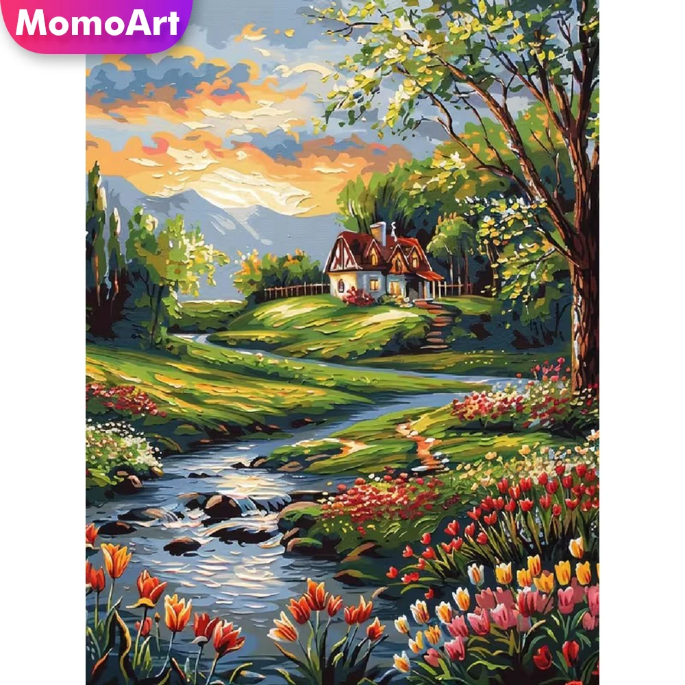 Momoart Diamantmalerei Flusslandschaft DIY Diamant-Mosaik Hausmuster für Erwachsene Anfänger Stickerei Heimdekoration