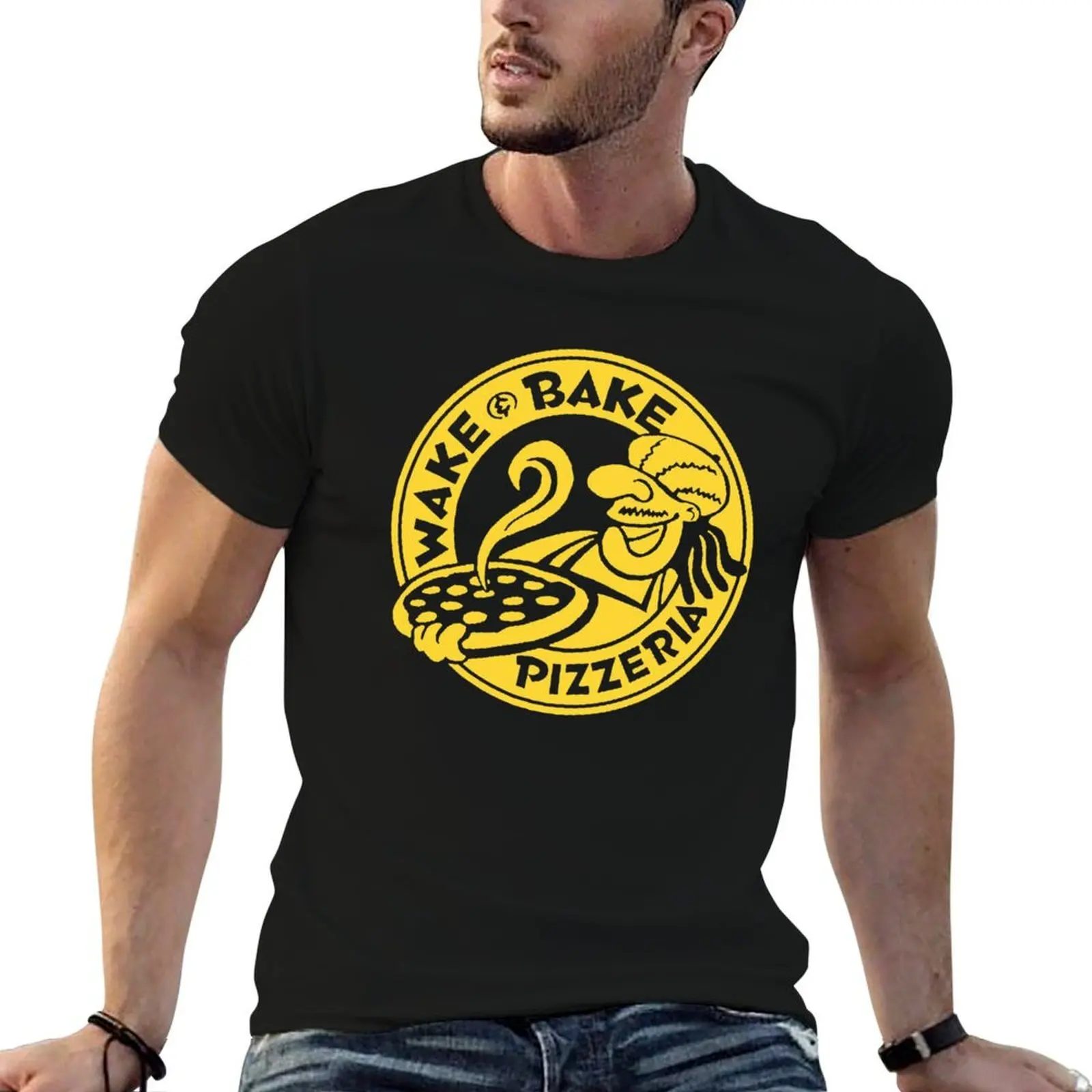 Camiseta Wake & Bake Pizzaria, camiseta masculina com estampa de designer, camiseta masculina com estampa personalizada
