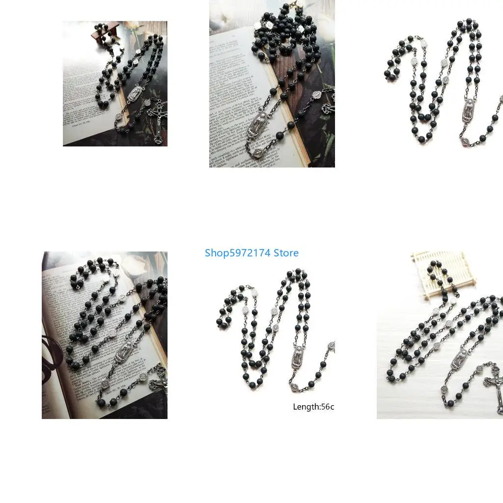 Y3NB Rosary Beads Long Necklace with Jesus Christ Crucifix for Cross Catholic Prayer Pendant Party Gift for Men Women