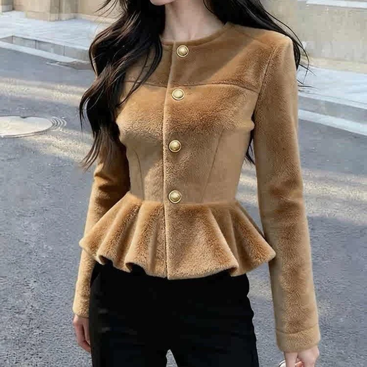 Khaki Furry Jacket Women's Autumn Winter Elegant High-End Fashion Unique Beautiful Waist-Cinched Small Fragrance Style Top
