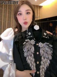 Fall 2023 New Design Blouse Top Heavy Industry Beads Sequined Wings Long Sleeve Shirt Women Ruffles Stitching Blusas Femininas