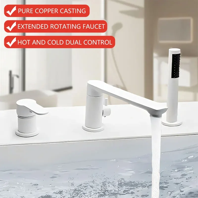 

Full copper bathtub faucet cylinder side split three-piece set bathtub shower countertop white faucet 360 degree rotation