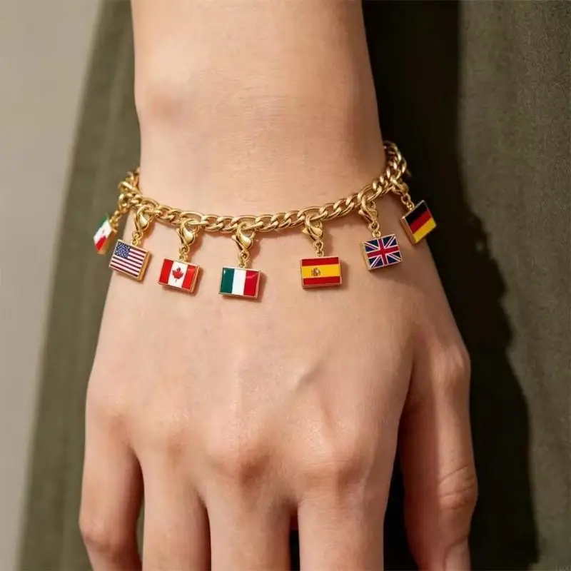 Rectangular Flag Bracelet Charm Stainless Steel Travel Key Chain Pendant Ornament with Secure Lobster Clasp for Wrist Chain