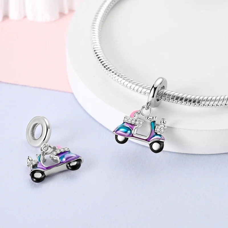 الأصلي سحر 925 الفضة الأزرق الأرجواني دراجة كهربائية القط الخرز صالح سحر بلاتا 925 أساور للنساء النساء صنع المجوهرات #2