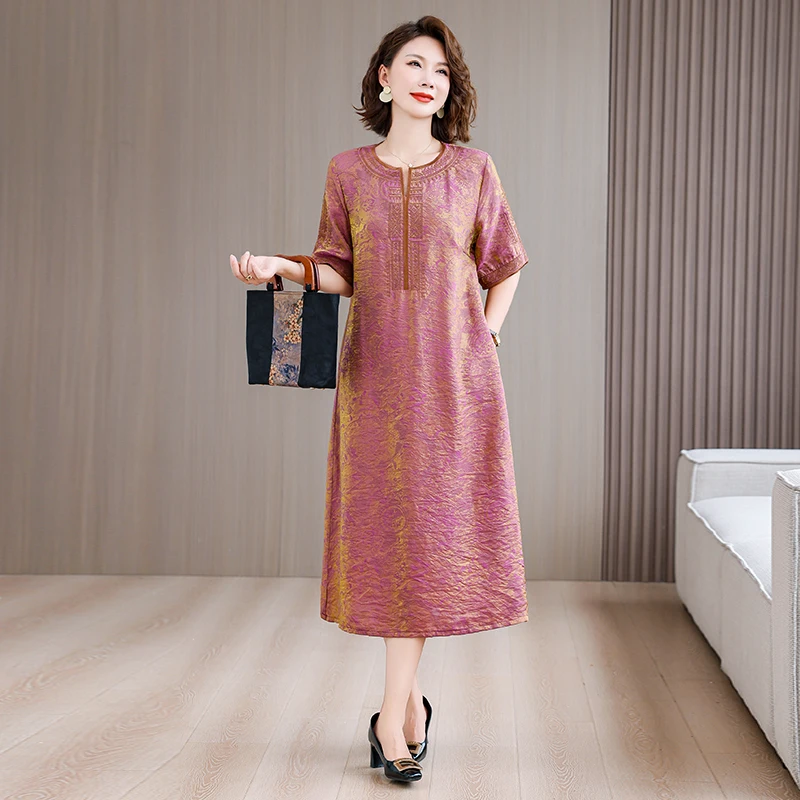 2025 Jacquard Embroidered Floral Silk Midi Dress Summer Women Satin Vintage Luxury Bodycon Prom Elegant Night Party Vestidos