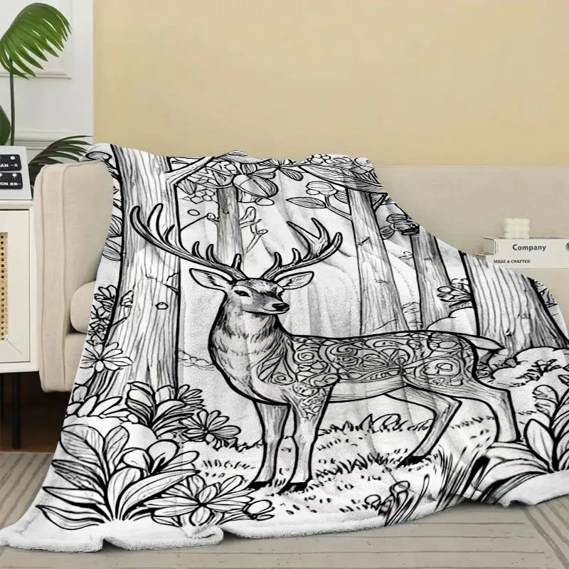 Healing Forest Deer Hand-Drawn Style Flannel Coloring Blanket, Warm Nap Blanket for Home and Office, Creative Artistic Print Des