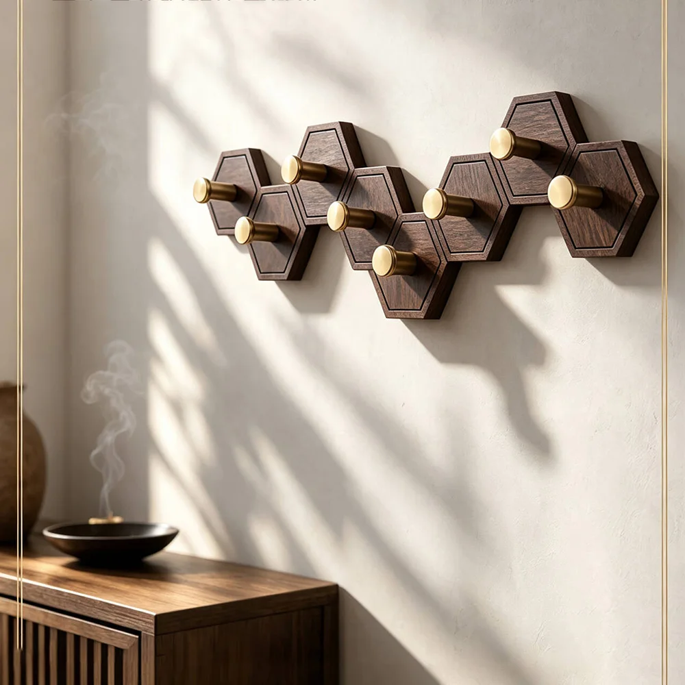 Hexagonal Combinable Wall Coat Hook Vintage Mid‑Century Wood Grain Gold Knob Decorative Hanger Clothes Wall Mounted Storage Hook