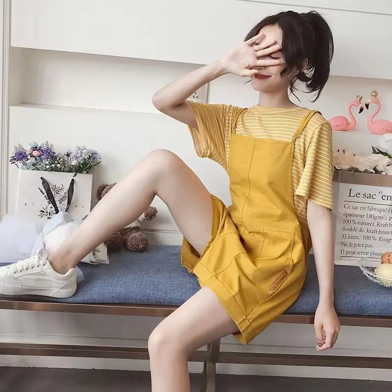 Women's Playsuits Rompers Summer College Comfy Drape Garment Vertical Mori Orangepink Artistic Wash Woman's Braces Personalized