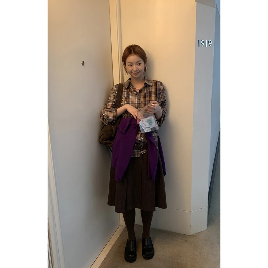 

HelloooEat Винтажная женская рубашка из чистого хлопка в клетку с длинным рукавом, осенняя, с цветными блоками, свободного кроя, для ношения под одеждой