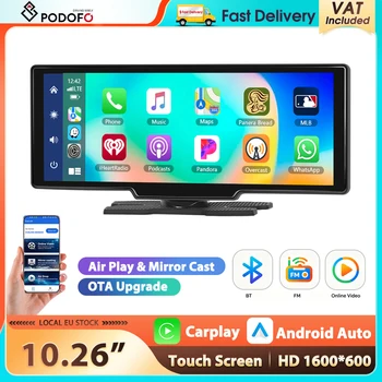 Podofo 10.26'' Touch Screen Smart Screen Player CarPlay Android Auto Airplay Mirror Cast Bluetooth FM Car Monitor Superlink Voice Control Auto Player