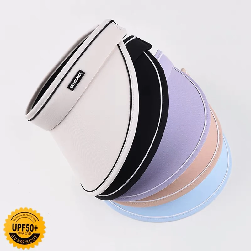 New Women Roll Up Sun Visor Wide Brim Hat Summer Foldable Packable UV Protection Empty Top Ponytail Cap For Beach Travel Bonnet