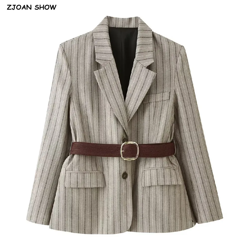 2026 Autumn Women's With Blet Vertical Stripes Print Blazer Boyfriend Vintage Women Front Pockets Loose Suit Fashion Coat