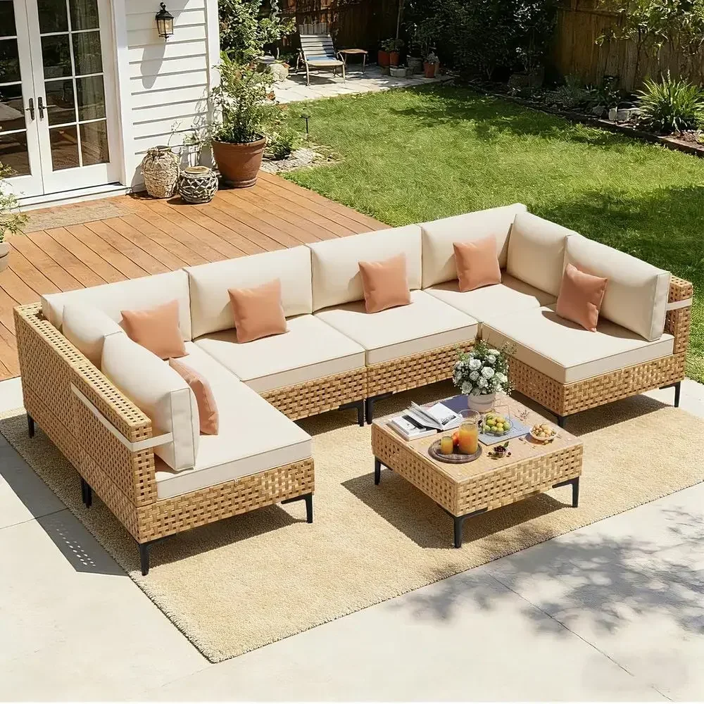 Large 7-Piece Outdoor Wicker Patio Furniture Set with Cushions, Sectional Sofa for Backyard, Porch, Beige